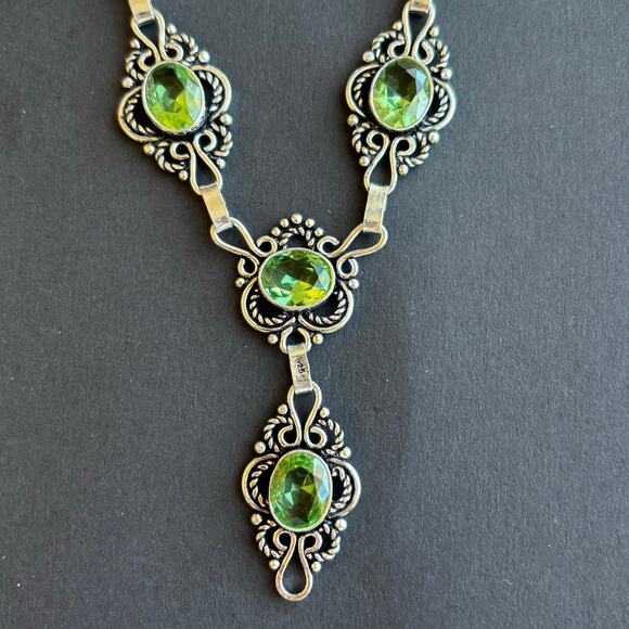 925 Silver Faceted Peridot Necklace 22" - Picture 3 of 6